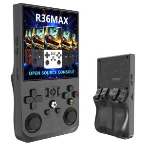 R36 Max Handheld Game Console 64GB TF Card with 20000+ Games 4.0 inch IPS Screen Open Source Linux 30+ Emulator 6 Hours Playtime - Black