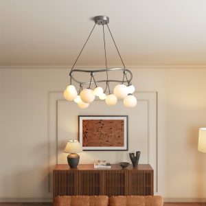 Drue 12-Light Chandelier 32â³ length with metal frame and grape shape lampshade silver modern style 30W 1000 Lumens brightness