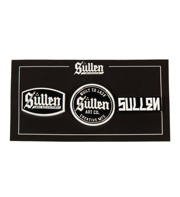 Sullen Logo Pin Set 2 feature (3) 1-inch buttons with a backing. You can put these pins anywhere