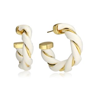 *New Twisted Earrings*These tasteful twisted rope design white leather hoop earrings is a classic piece of jewelry for any woman! The high polished gold twisted hoops add a simple and available in yellow gold plating high polish finish.*Premium Quality*Nano protection gold plated with environmental protection zinc alloy