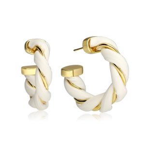 *New Twisted Earrings*These tasteful twisted rope design white leather hoop earrings is a classic piece of jewelry for any woman! The high polished gold twisted hoops add a simple and available in yellow gold plating high polish finish.*Premium Quality*Nano protection gold plated with environmental protection zinc alloy