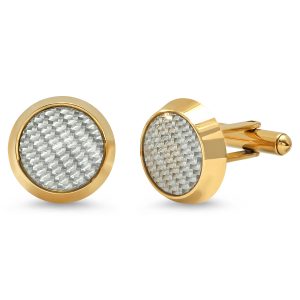 Men's 18k gold plated stainless steel carbon fiber round cufflinks. Fancy and classic make these a go to favorite