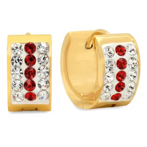 Ladies 18k Gold Plated Stainless Steel White And Red Simulated Diamond Huggie Earrings