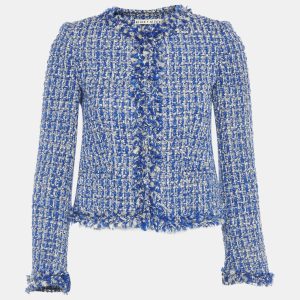 Alice + Olivia’s Nila Jacket in blue lurex tweed brings gentle warmth with frayed edges that soften its finish. Light yet cozy