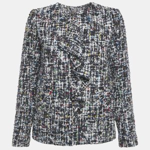 A mix of colors dances through the navy blue tweed of this preloved Chanel jacket