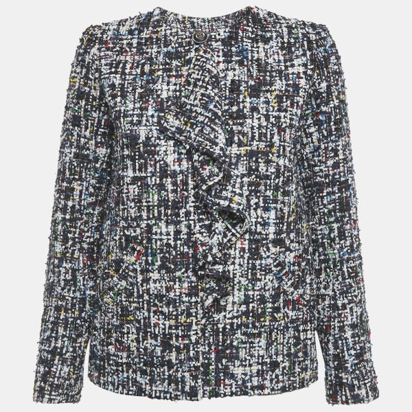 A mix of colors dances through the navy blue tweed of this preloved Chanel jacket