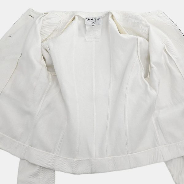 Chanel Single Breasted Collarless Jacket White Size L - Image 9