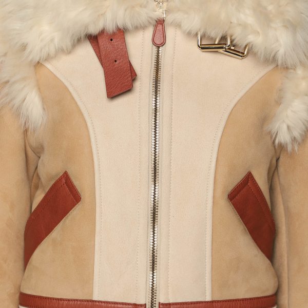 Chloé Beige Shearling and Leather Zip Jacket S - Image 4