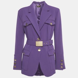 Elisabetta Franchi’s belted jacket exudes refined sophistication. Cut in structured purple crepe
