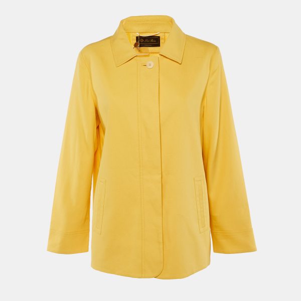 Brighten your wardrobe with this Loro Piana jacket crafted from a luxurious cotton silk blend in sunny yellow. The button front design and clean lines offer timeless sophistication. Lightweight and breathable