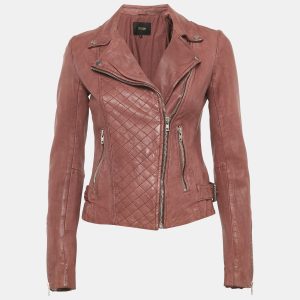 Maje’s bomber jacket gets an update in soft onion pink leather with quilted detailing. Complete with zippers and buckles