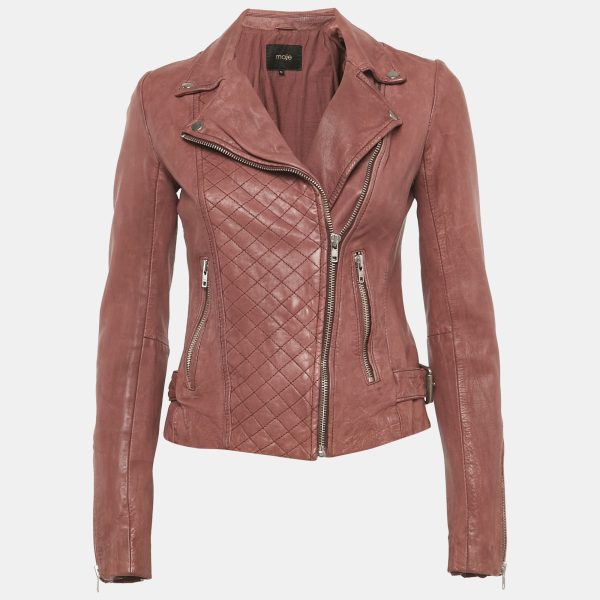 Maje’s bomber jacket gets an update in soft onion pink leather with quilted detailing. Complete with zippers and buckles