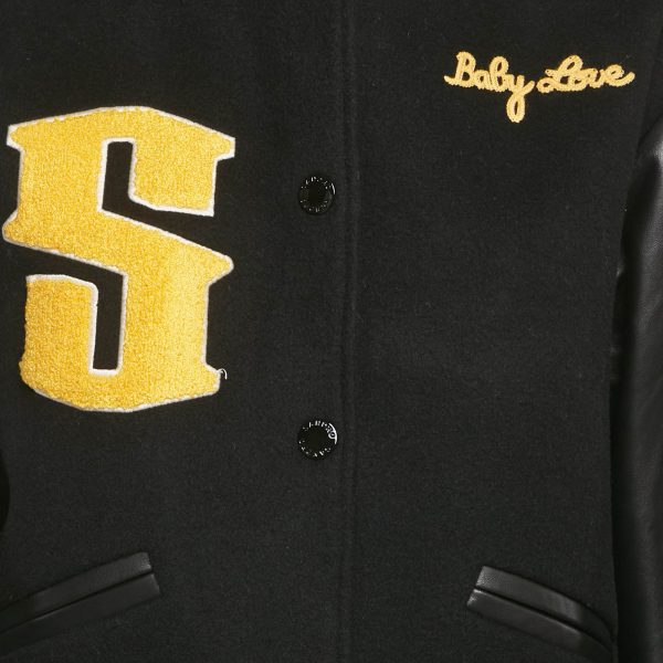 Sandro Black Embroidered Wool and Leather Varsity Jacket S - Image 3