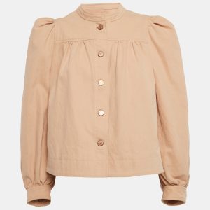 See by Chloé’s beige cotton blend jacket brings a gentle contrast between utility and softness