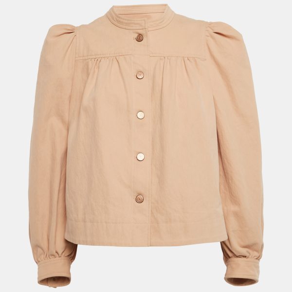 See by Chloé’s beige cotton blend jacket brings a gentle contrast between utility and softness
