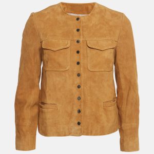 A suede jacket from the house of Zadig and Voltaire comes in a rich brown that wears well with just about anything. The round neck keeps the cut clean
