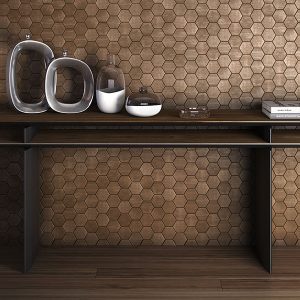 Razor-thin metallic-painted legs and a slender wood veneer top create a streamlined