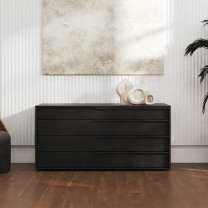 The Jane four-drawer dresser features generous proportions and sleek design accentuated by thin handpulls. Top drawer sized for smaller personal belongings