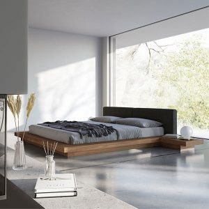 The Japandi-style Worth platform bed features a low profile hardwood frame with matching symmetrical nightstands finished in natural veneers. An upholstered eco pelle headboard compliments this lavish feng shui bed. Inner-spring or Foam/Latex mattress sits snuggly atop a flat