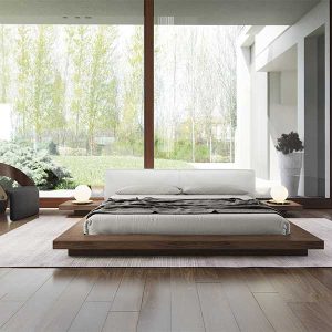 The Japandi-style Worth platform bed features a low profile hardwood frame with matching symmetrical nightstands finished in natural veneers. An upholstered eco pelle headboard compliments this lavish feng shui bed. Inner-spring or Foam/Latex mattress sits snuggly atop a flat