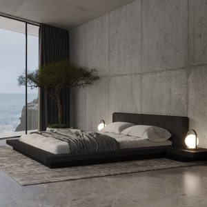 The Japandi-style Worth platform bed features a low profile hardwood frame with matching symmetrical nightstands finished in natural veneers. An upholstered eco pelle headboard compliments this lavish feng shui bed. Inner-spring or Foam/Latex mattress sits snuggly atop a flat