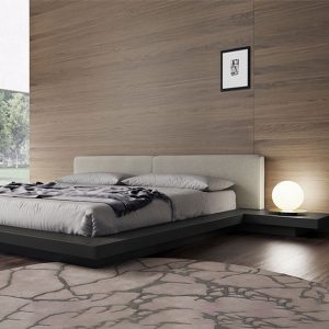 The Japandi-style Worth platform bed features a low profile hardwood frame with matching symmetrical nightstands finished in natural veneers. An upholstered eco pelle headboard compliments this lavish feng shui bed. Inner-spring or Foam/Latex mattress sits snuggly atop a flat