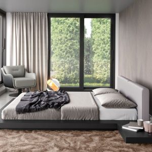 The Japandi-style Worth platform bed features a low profile hardwood frame with matching symmetrical nightstands finished in natural veneers. An upholstered eco pelle headboard compliments this lavish feng shui bed. Inner-spring or Foam/Latex mattress sits snuggly atop a flat
