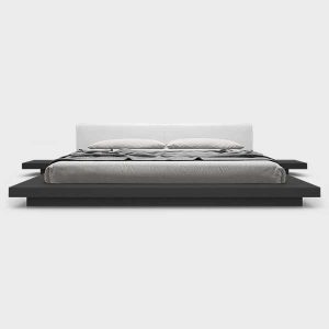 The Japandi-style Worth platform bed features a low profile hardwood frame with matching symmetrical nightstands finished in natural veneers. An upholstered eco pelle headboard compliments this lavish feng shui bed. Inner-spring or Foam/Latex mattress sits snuggly atop a flat