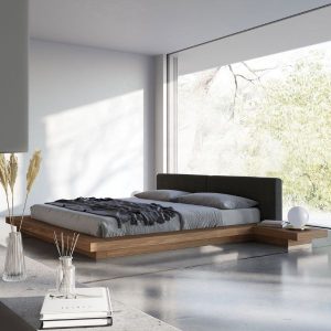 The Japandi-style Worth platform bed features a low profile hardwood frame with matching symmetrical nightstands finished in natural veneers. An upholstered eco pelle headboard compliments this lavish feng shui bed. Inner-spring or Foam/Latex mattress sits snuggly atop a flat