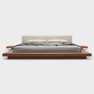 The Japandi-style Worth platform bed features a low profile hardwood frame with matching symmetrical nightstands finished in natural veneers. An upholstered eco pelle headboard compliments this lavish feng shui bed. Inner-spring or Foam/Latex mattress sits snuggly atop a flat