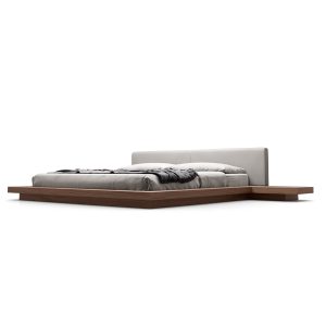 The Japandi-style Worth platform bed features a low profile hardwood frame with matching symmetrical nightstands finished in natural veneers. An upholstered eco pelle headboard compliments this lavish feng shui bed. Inner-spring or Foam/Latex mattress sits snuggly atop a flat